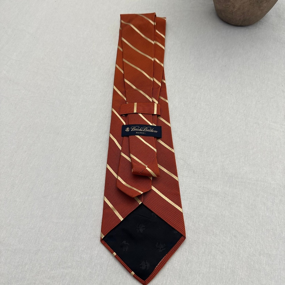 Brooks Brothers Makers Silk Cotton Repp Stripe Tie Burnt Orange Gold Hand Made